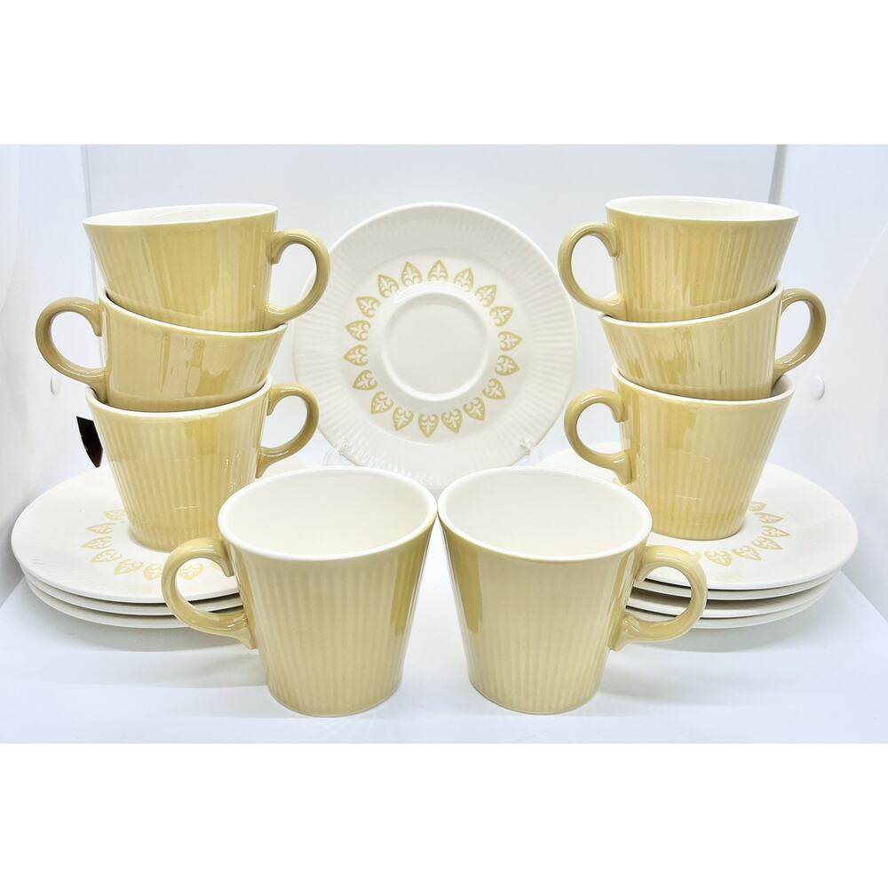 Homer Laughlin Sheffield Serenade Teacups Saucers Yellow Gold Service for 8 MCM